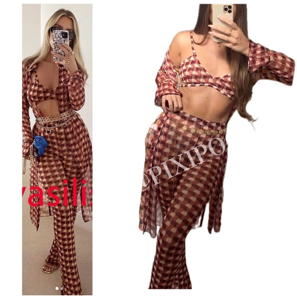 Zara retro geometric sheer slim fit stretchy pants beach coverup Sz M - Picture 3 of 11